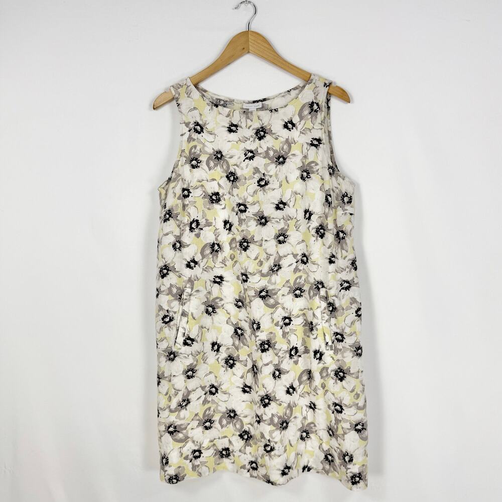 J Jill Floral 100% Linen Tank Dress Women's Large Petite White Gray Yellow - Picture 2 of 14